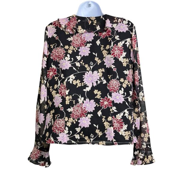 Laura Ashley Women's Dark Floral 100% Silk Blouse Size 8 Whimsigoth Moto Boho - Picture 2 of 12